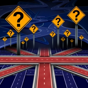 British European question as a brexit concept pertaining to the UK vote confusion and Euro zone and Europe membership decision as a group of roads shaped as the flag of Britain as a 3D illustration.