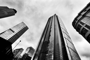 Business architecture, skyscrapers in London, the UK. Black and white
