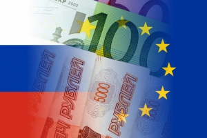 russia and eu flags with euro and ruble banknotes